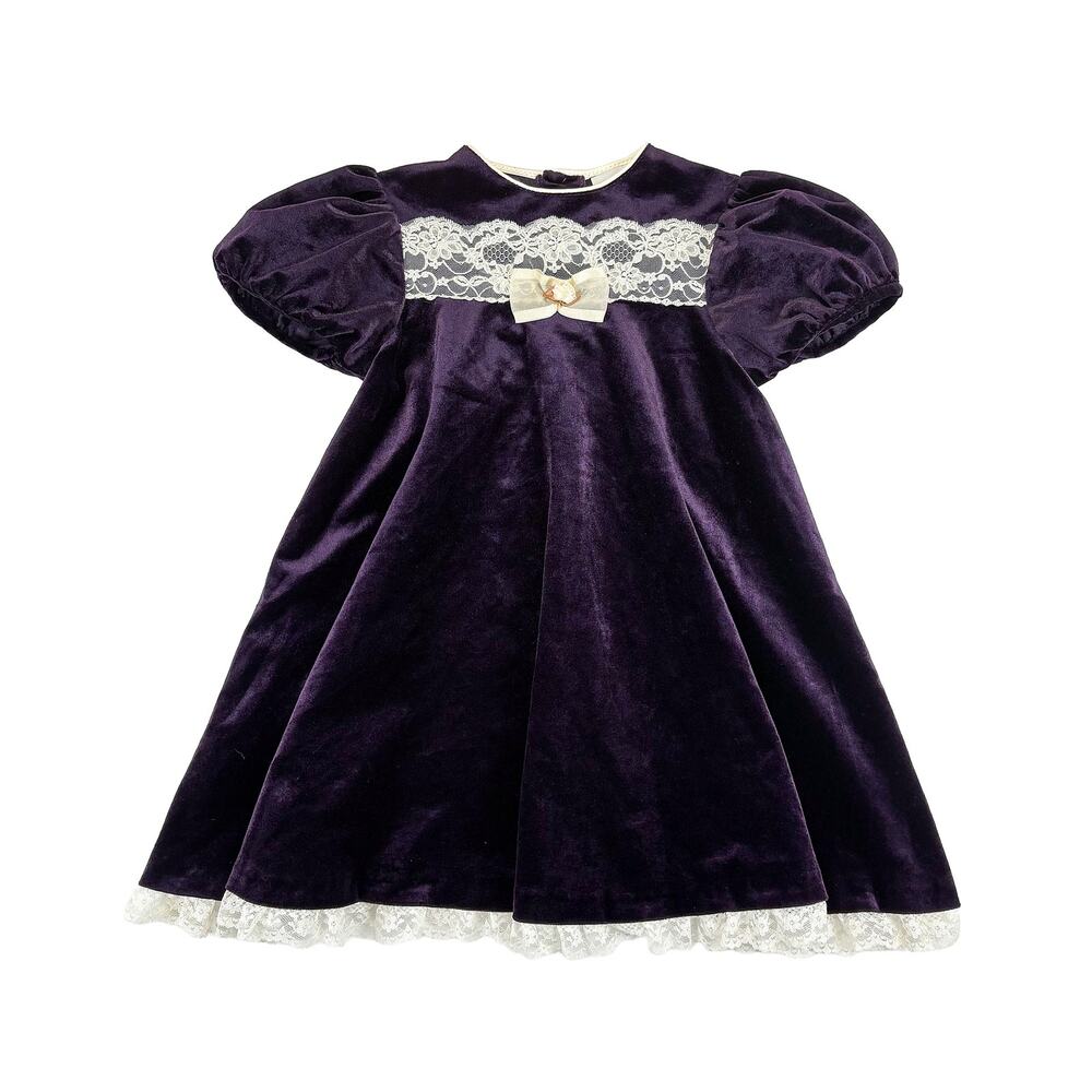 Rare Too Velvet Dress VTG Girls 5 Purple Lace Bow Puff Sleeve Holiday Photos